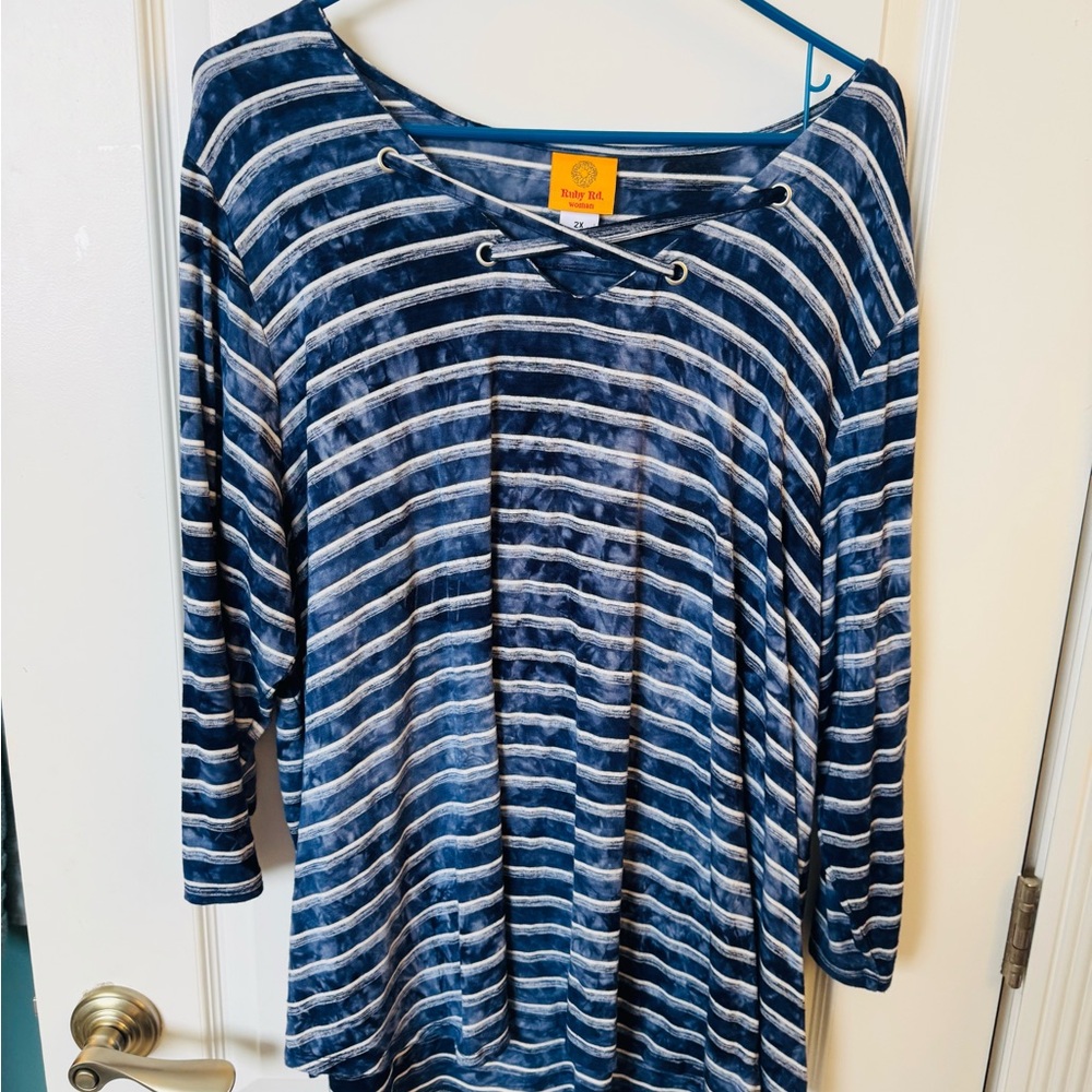Ruby Road V-neck blue and white striped top
